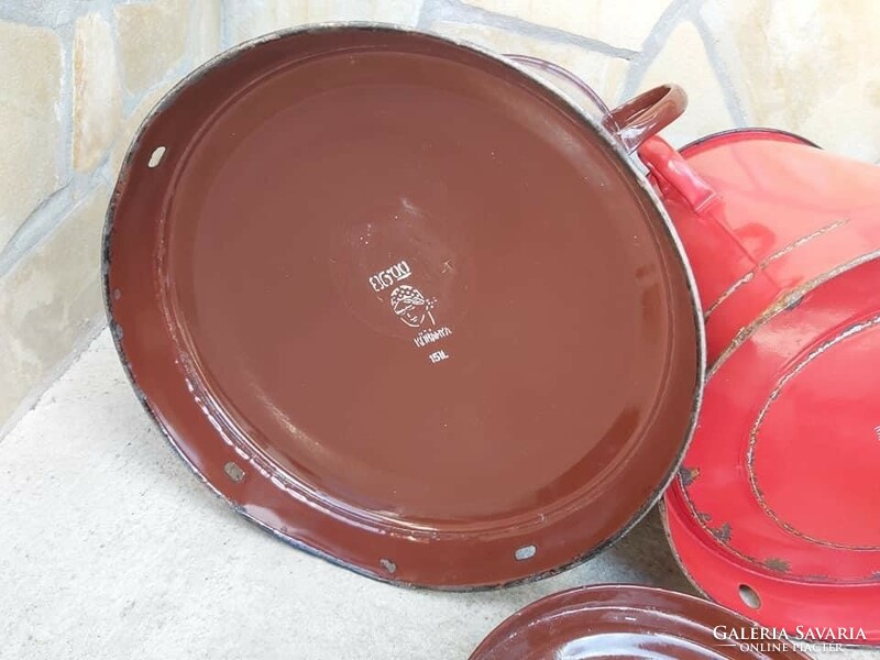 Old red brown gray enameled enameled grease bucket quarry Budafok bonyhád peasant villager