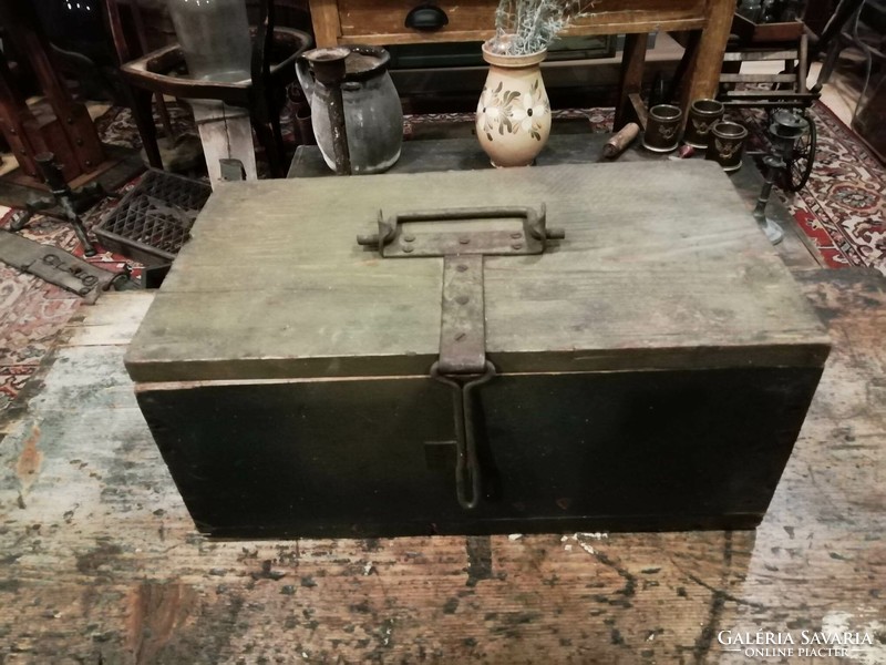 Mhsz old wooden box, box in good condition, ironed wooden chest, with inscription, as decoration or for collectors