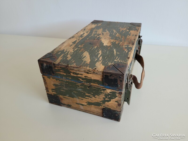 Old military wooden chest bag suitcase with leather handle with corner hardware