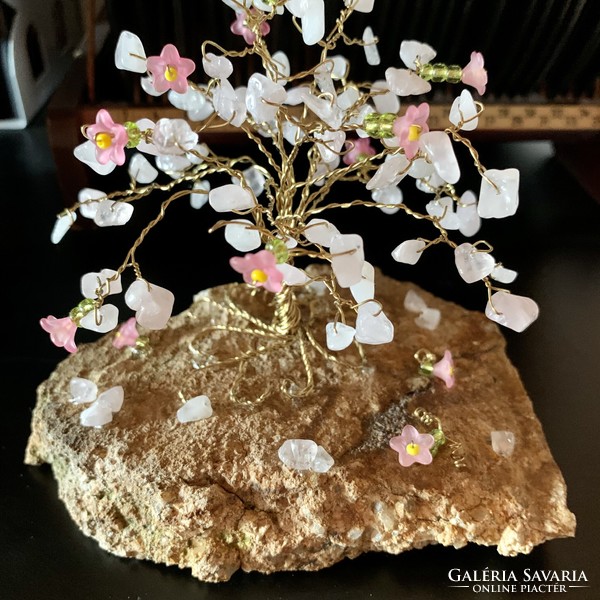 Bonsai Ékszerfa szerencsefa rózsakvarc kövekből, életfa, pénzfa, kristályfa rózsa kvarc