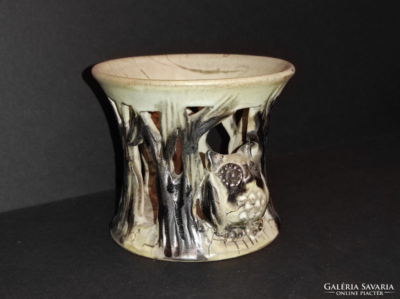 Owl and tree trunk: Pápai kata industrial arts ceramic candle holder, 9cm high, flawless
