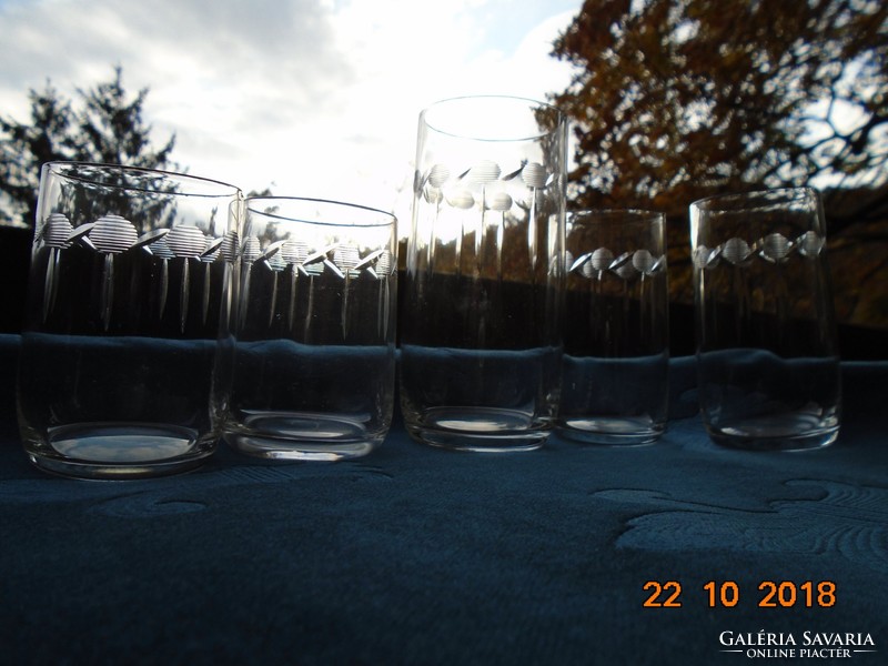 5 pieces of the same pattern, in 3 sizes, cut into polished glasses