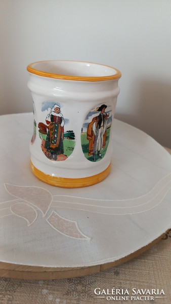 Old marked jar from Bodrog Kresztúr, with pictures of six folk costumes on the sides, no damage