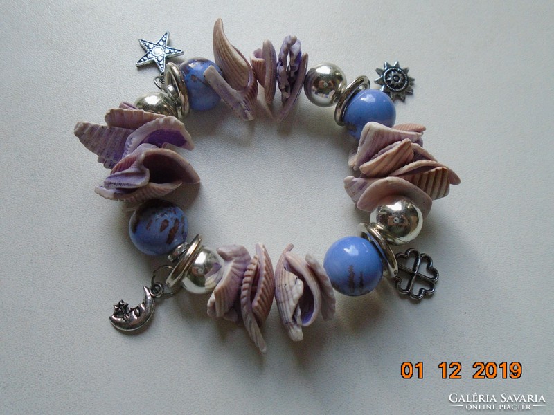 Purple pink shell, purple blue and silver plated pearl bracelet with metal pendants