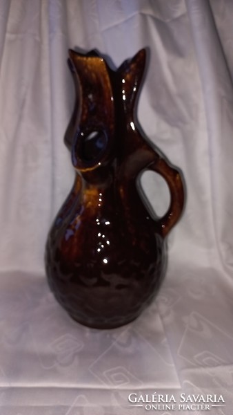 Vintage(1930) glossy glazed ceramic vase, split mouth, decorated with a relief pattern with holes on the sides