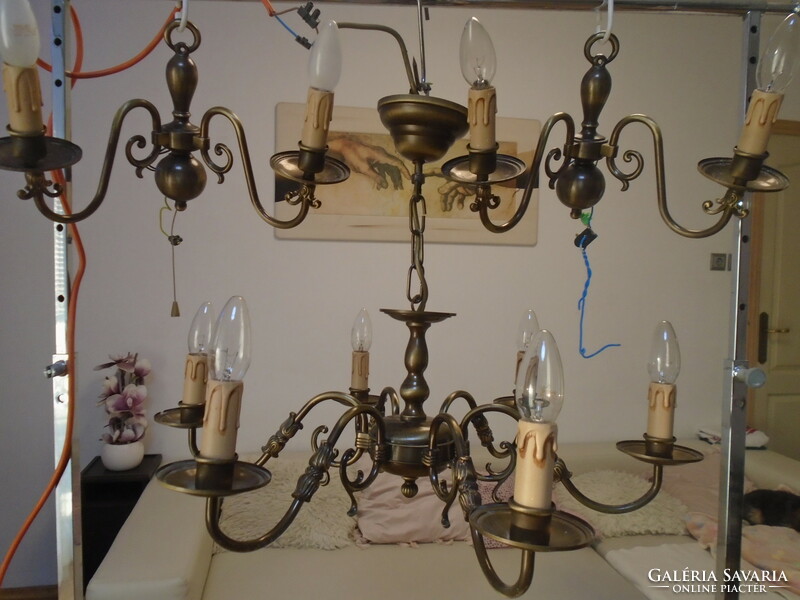 Nice old patinated 6-arm Flemish bronzed copper chandelier and 2 accompanying wall arms