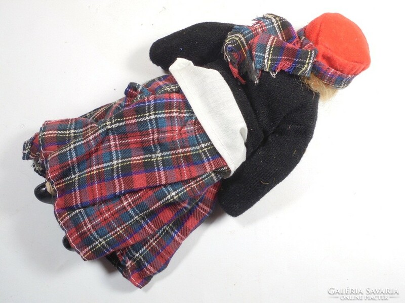 Retro vintage old toy porcelain doll in folk costume - Scottish checkered dress - height: 22 cm
