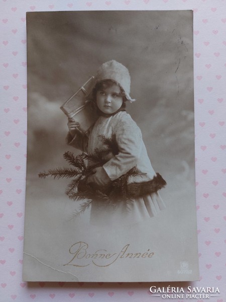 Old Christmas postcard 1924 photo postcard little girl pine branch