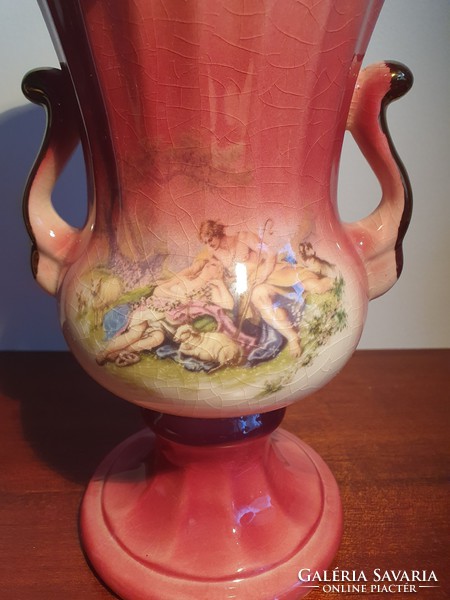 Antik jelenetes fajansz váza, 26,5 cm