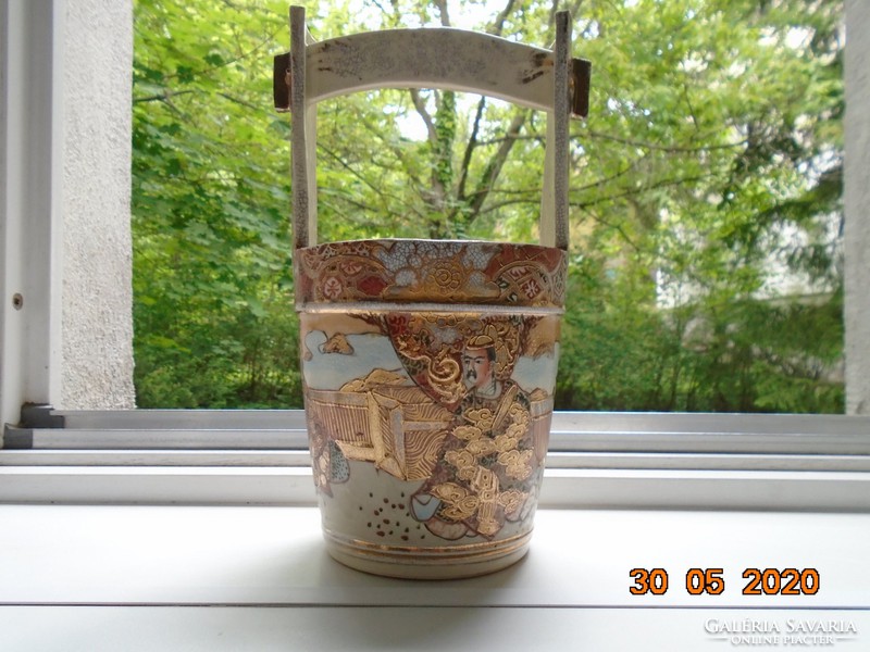 19.Sz rich gold brocade satsuma moriage water bucket shaped vase with 4 unique male portraits