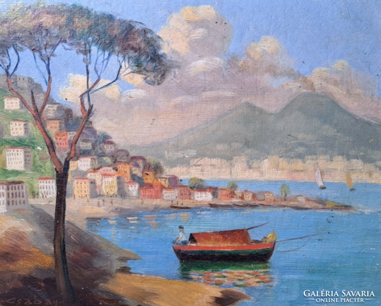 Csabay marked: Naples - oil painting (with frame, size 36x32 cm) veduta, Italy