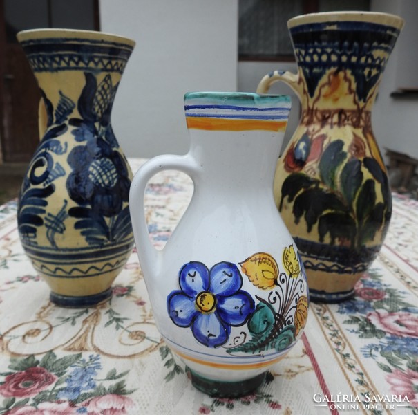Old ceramic goblet - set of earthenware jugs with handles - set of 3