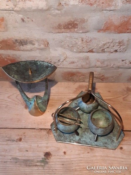 Art deco copper ashtray, match holder and candle holder