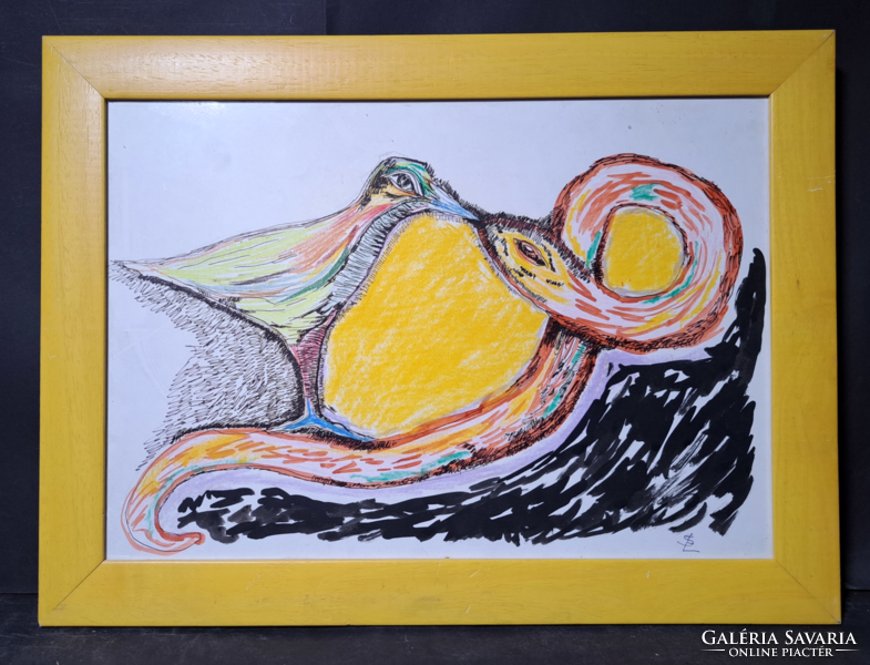 Bird and snake - mixed media in a yellow frame - sl mark (full size 49x36.5 cm)