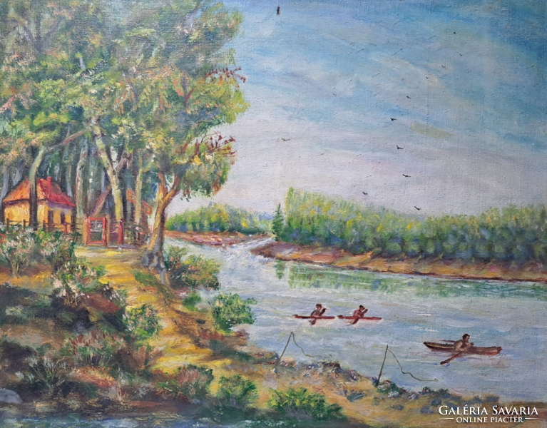 Emil Kelemen: Tisza bank, 1964 (oil, canvas) rowers, portrait