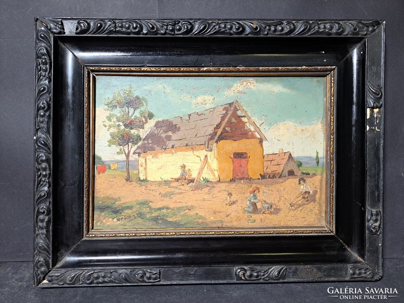 Farmhouse with children - oil painting with wolf mark (size with frame 37x28 cm)