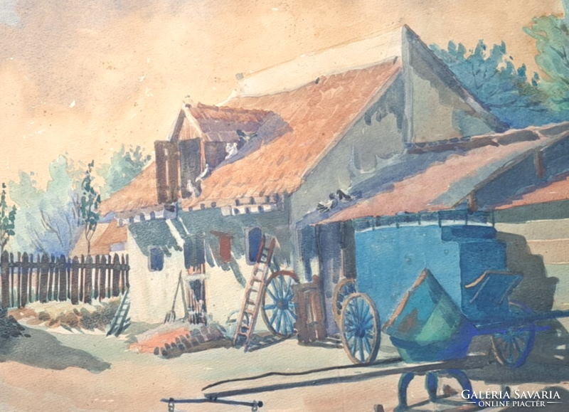 Kiss Lajos: Falusi ház udvara - tanya, 1932 (akvarell, teljes méret 47x38,5 cm) 90 éves festmény!
