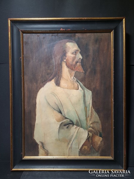 Krisztus Pilátus előtt - régi akvarell másolat Munkácsy Mihály után - Jézus portréja, részlet