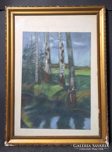 Birch trees on the waterfront - pastel (full size 49x35.5 cm)