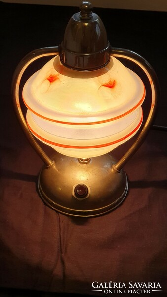 Art deco, chromed copper table lamp. Covered, with flawless original old glass cover.