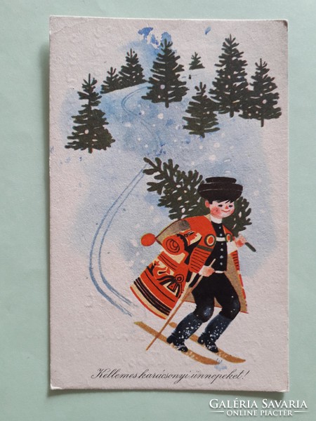 Old Christmas postcard 1966 picture postcard skier in national costume snowy pine forest