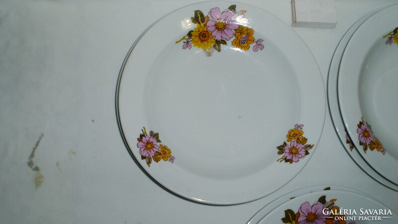 Plain porcelain plates with flowers - three deep and three flat - together - to make up for the shortage