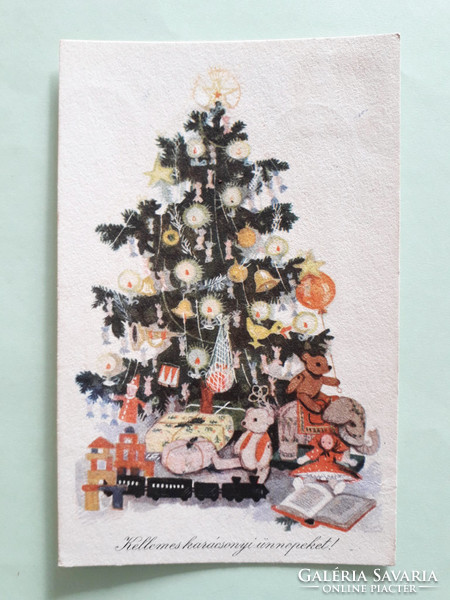Old Christmas postcard 1960s style postcard Christmas tree toys teddy train