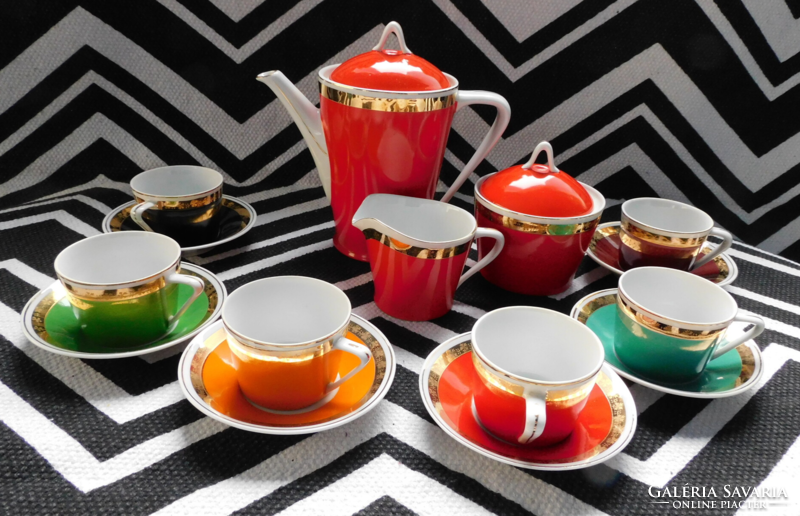 Hollóházi retro színes kávéskészlet a 60-as évekből (mid century)
