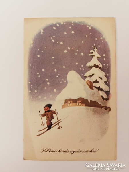 Old Christmas postcard 1958 picture postcard skiing boy snowy landscape