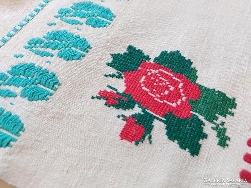 Old folk linen rosy fringed kitchen textile tea towel towel
