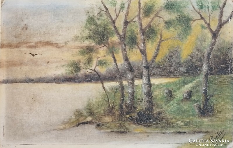 Painting, landscape, waterfront trees.