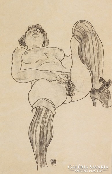 Egon Schiele Fekvő női akt csíkos harisnyában REPRINT erotikus művészeti nyomat