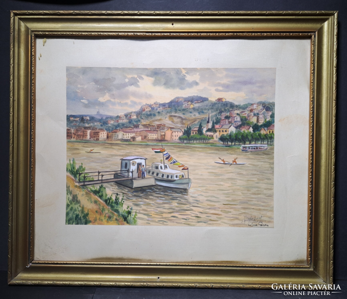 Hajó a Dunán - Budapest, jelzett akvarell (teljes méret 52x44 cm)