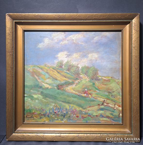 Kastaly István (1892-1991): Tavaszi tájkép vándorokkal - olaj, fa (kerettel 41,5x40 cm) kirándulás