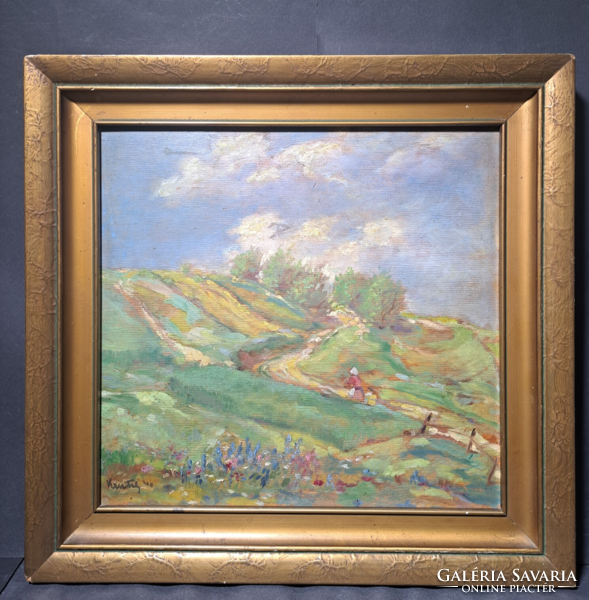 István Kastaly (1892-1991): spring landscape with wanderers - oil, wood (with frame 41.5x40 cm) excursion