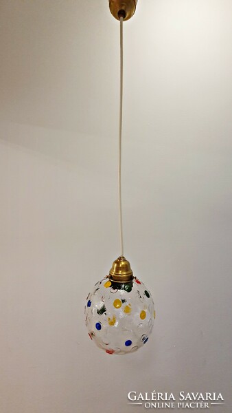 Chandelier consisting of 4 pieces. 4 Dotted glass sphere molding, pendant lamp with copper fittings.