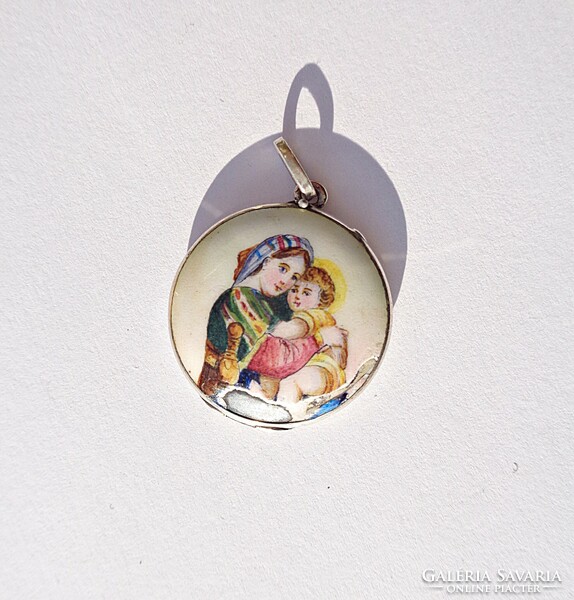Virgin Mary with baby Jesus, hand-painted, fire enamel holy image, silver photo pendant