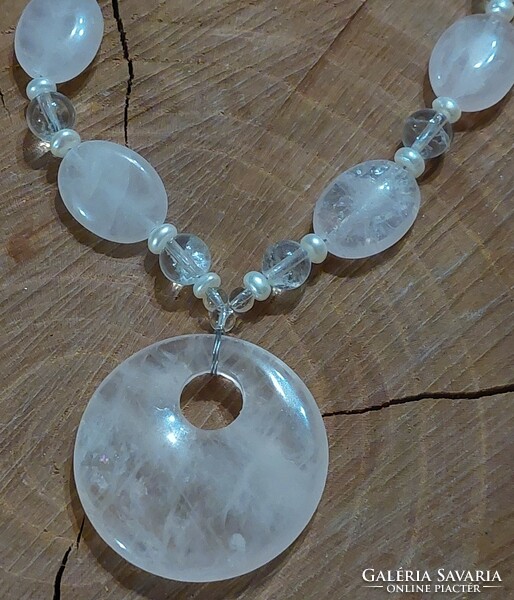 Rose quartz, rock crystal, real cultured pearl necklace with blue rose quartz pendant