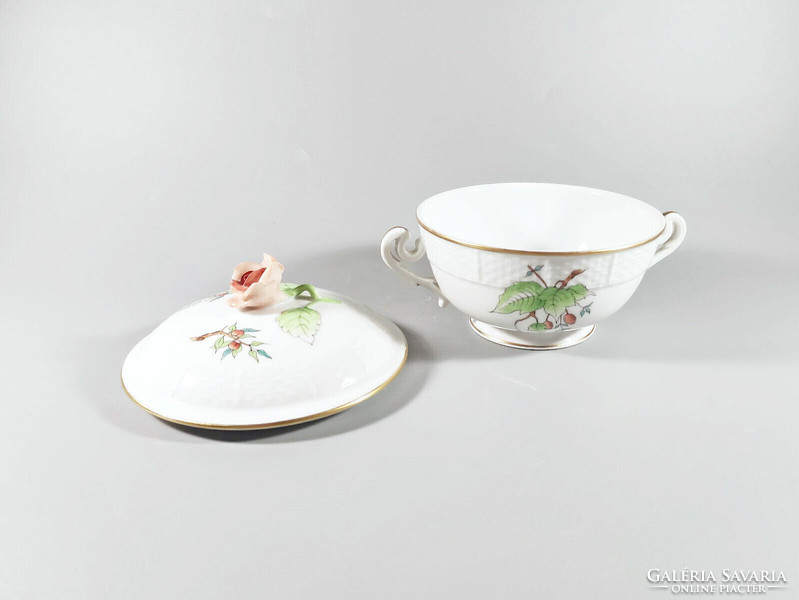 Herend hand-painted porcelain soup bowl with rosehip pattern handle, perfect! (A022)