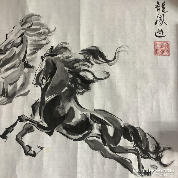 Kínai Fekete paripák lovak tusfestmény akvarell  ló Lovas szignózott piros pecsét eredeti kézi munka