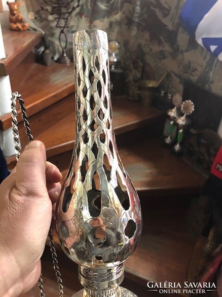 Ezüst petróleum lámpa, XX. század eleje, jelzett, 40 cm-es, 650 gramm.8630