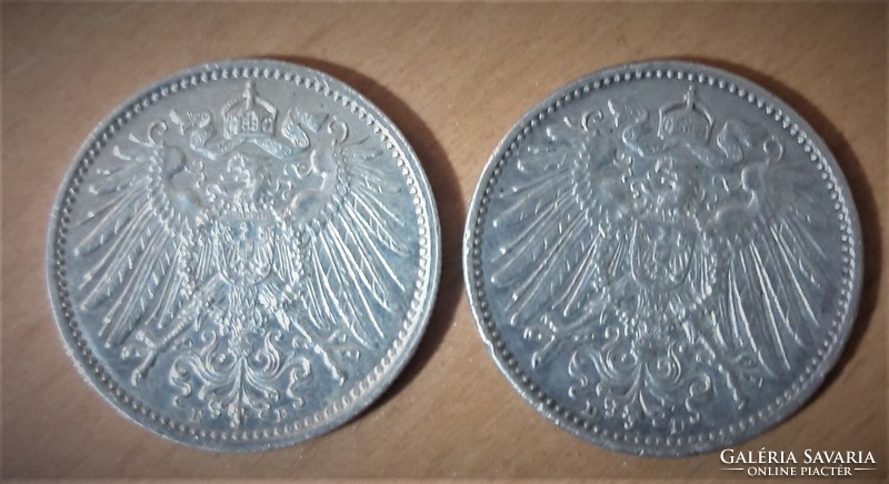 2 db,1914 Ezüst Német Birodalomi 1 Márka. II. Vilmos császár
