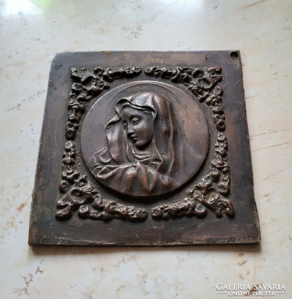 Patinated antique bronze Virgin Mary, mother of God plaque, icon.