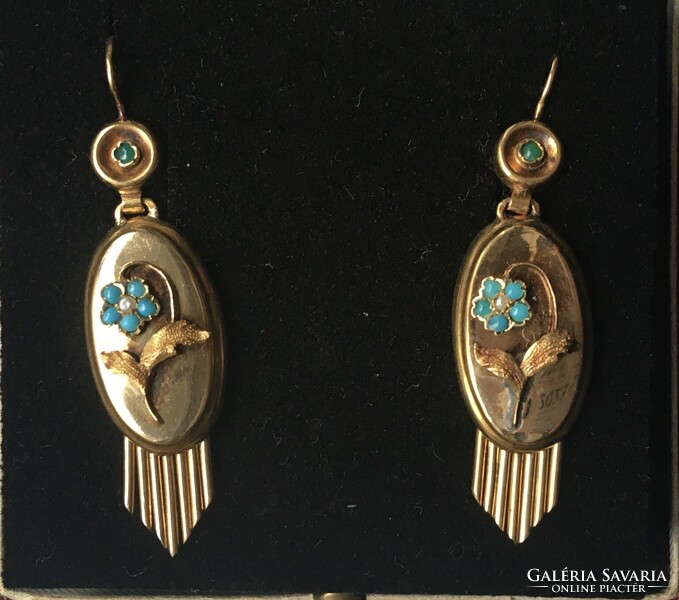 Large Biedermeier gold turquoise pearl flower earrings antique Viennese fox head xix. S.