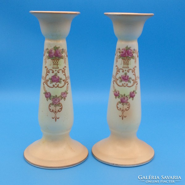 Virágkosaras, rózsás Crown Ducal angol porcelán gyertyatartó pár