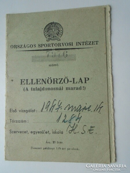D192297 national institute of sports medicine - control sheet - hse 1947 lászló marcinkó