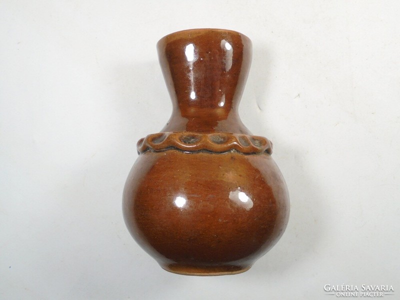 Retro régi Kerámia kézzel festett mázas díszes kis váza - 10,4 cm magas