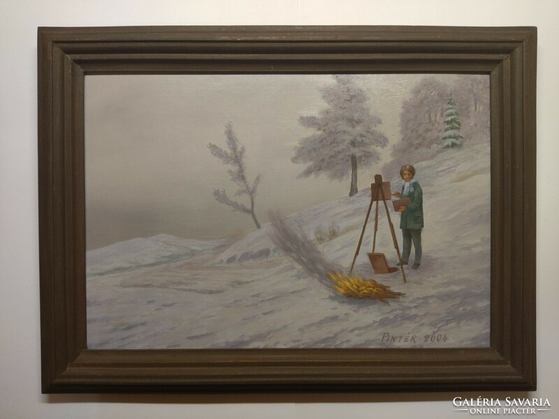 Hangulatos havas téli tájkép; 2004; Pintér; datált; szignózott; kortárs