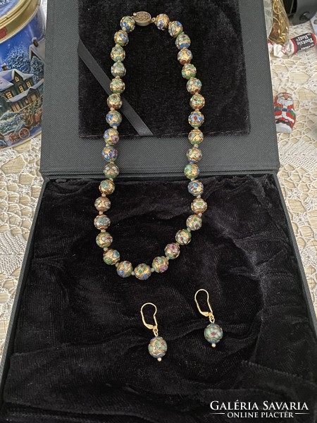 14K gold earrings with fire enamel pearls and matching necklace for sale