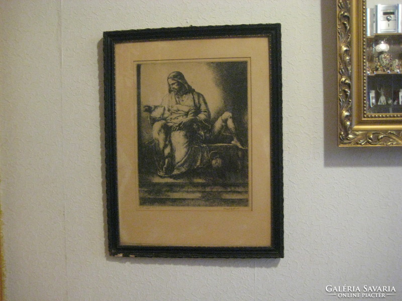 Komjáti  Vanyerka Gyula  , Krisztus gyógyít  , rézkarc , 43 x 58 cm , kerettel 50x 63 cm